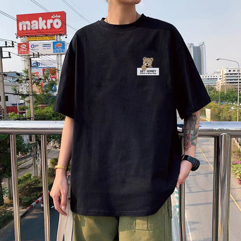 纯棉短袖高级感T恤男港风潮牌大码圆领体恤青少年五分袖厂家直销
