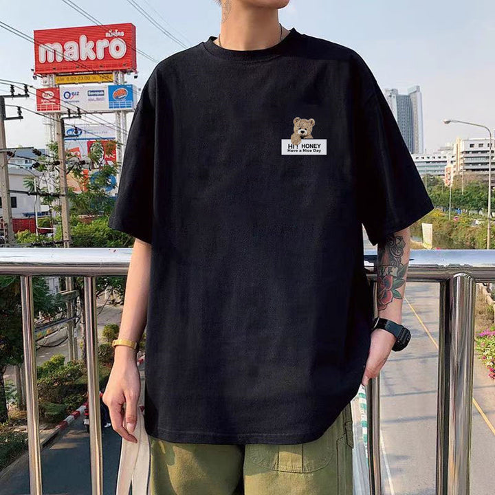 纯棉短袖高级感T恤男港风潮牌大码圆领体恤青少年五分袖厂家直销