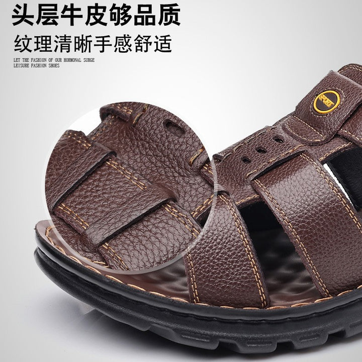 夏季头层牛皮凉鞋男防滑透气魔术贴男士沙滩鞋真皮轻便软底爸爸鞋