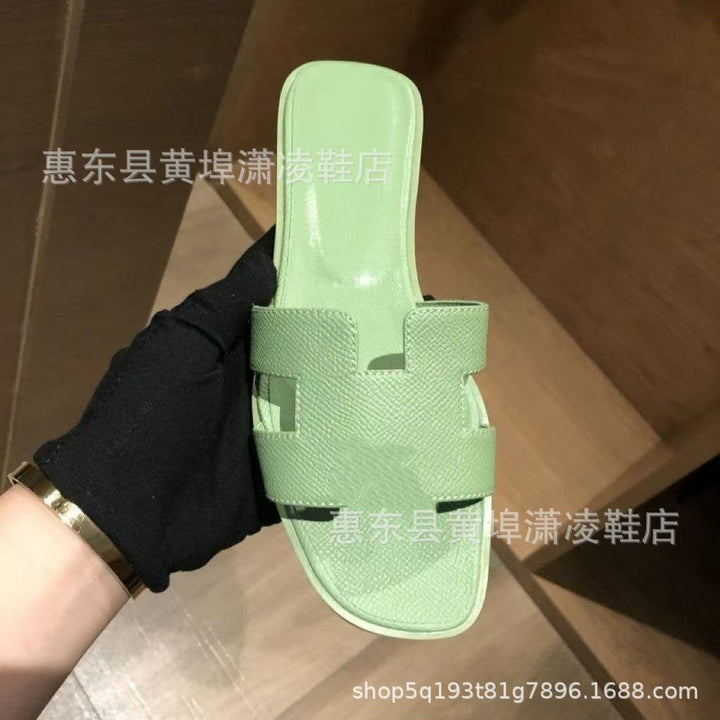 跨境外贸经典H拖鞋羊皮平底女拖鞋沙滩一字拖鞋女士凉拖鞋