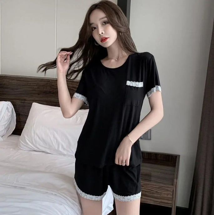 莫代尔睡衣女带胸垫短袖短裤夏季V领蕾丝宽松套头大码家居服套装