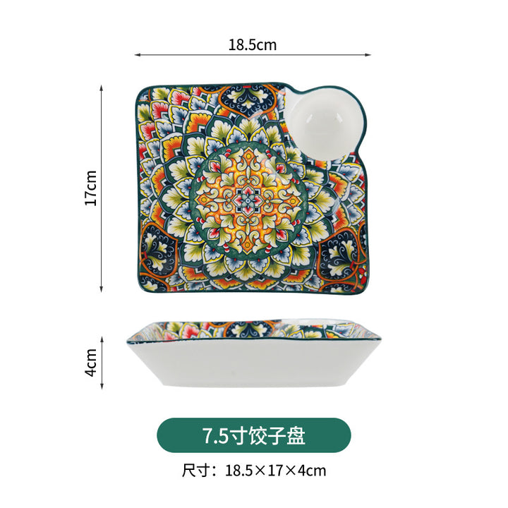 跨境波西米亚陶瓷餐具创意家用釉下彩饭碗汤碗手柄盘烤盘餐具套装
