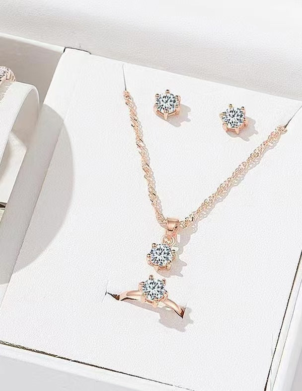 欧美跨境锆石饰品套装女士八心八箭耳钉戒指手链项链四件套首饰