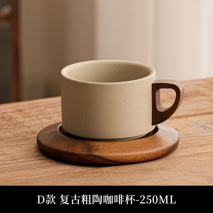 陶土咖啡杯中古风花茶马克杯咖啡杯套装木杯垫送人客户伴手礼logo
