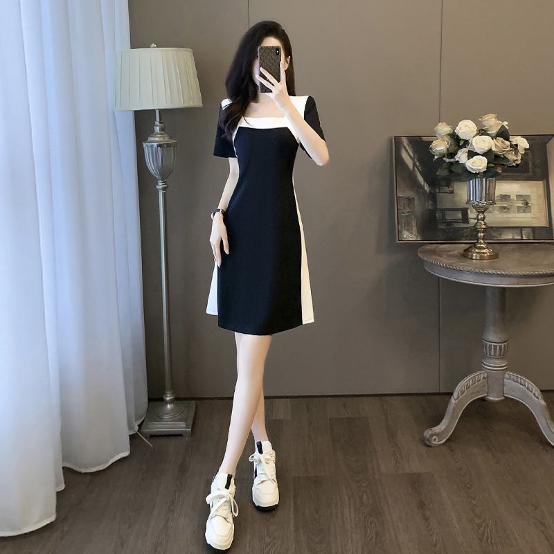 French Color-Block Slim Waist Spliced Summer Dress – Elegant Black & White Midi Dress