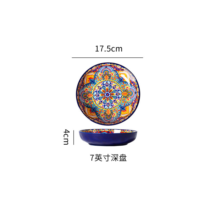 波西米亚陶瓷碗碟套装釉下彩饭碗家用复古双耳汤面碗高级感菜盘子