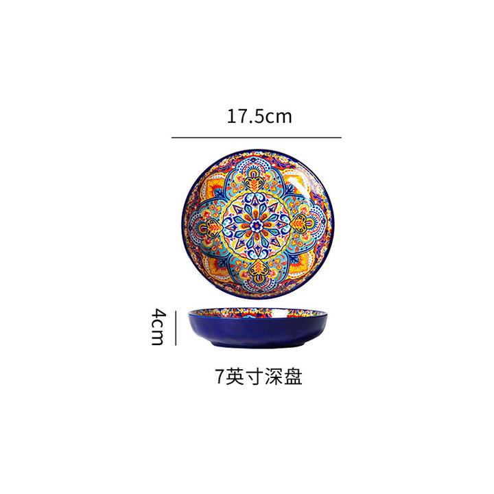 波西米亚陶瓷碗碟套装釉下彩饭碗家用复古双耳汤面碗高级感菜盘子