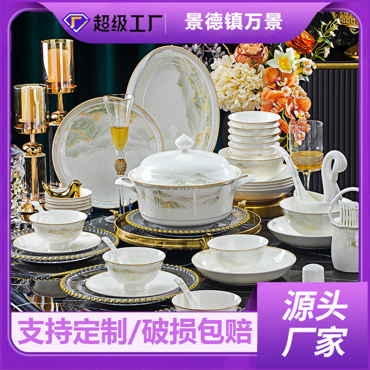景德镇陶瓷餐具批发网红碗盘碟套装高温骨瓷餐具家用结婚乔迁礼品