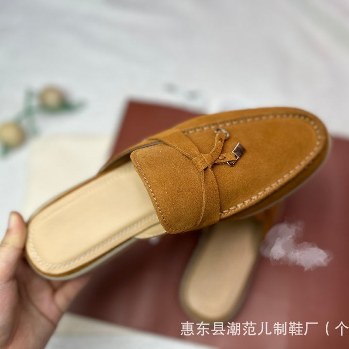 复古真皮拖鞋四季通用一脚蹬高级感半拖鞋女外穿厚底家居包头拖鞋