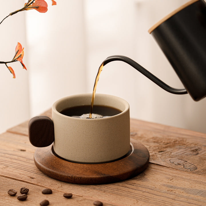 陶土咖啡杯中古风花茶马克杯咖啡杯套装木杯垫送人客户伴手礼logo