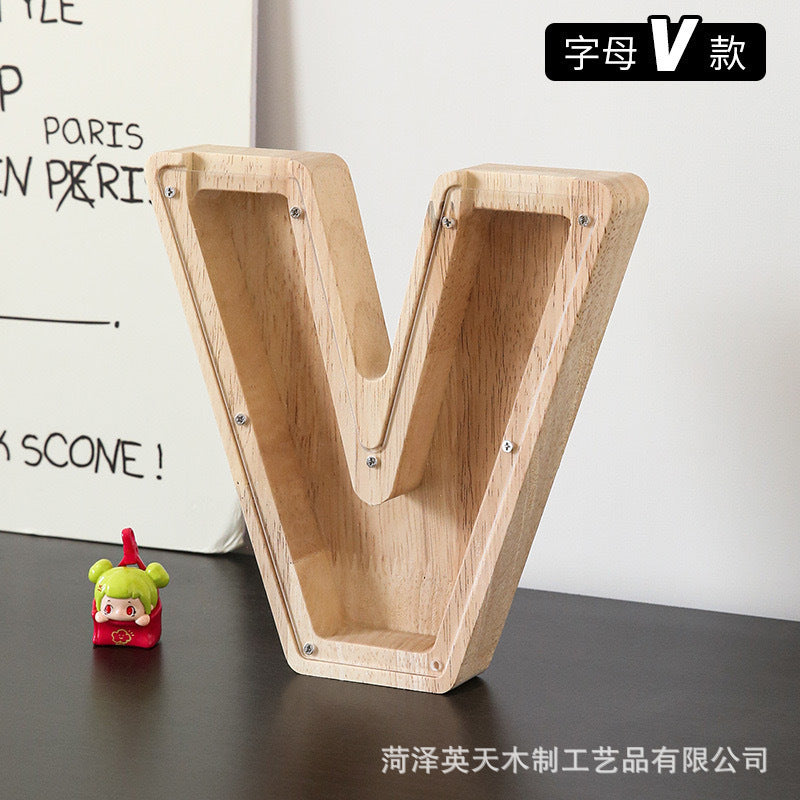 现货木质26个英文字母储蓄罐儿童小玩具收纳盒透明亚克力存钱罐子
