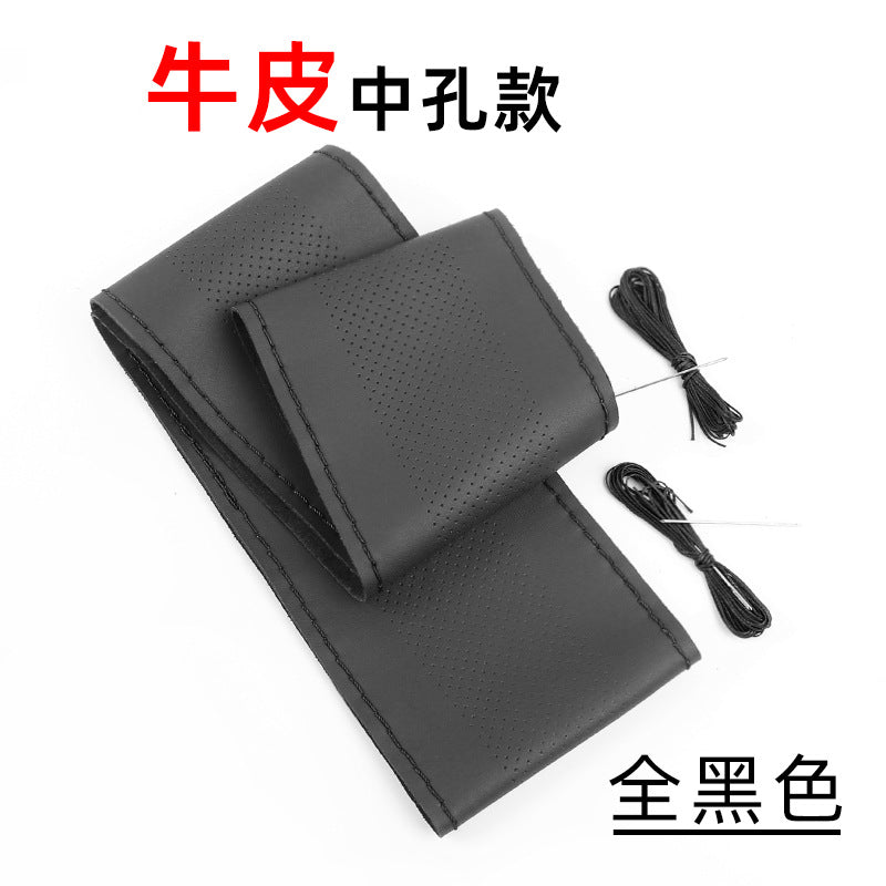 Steering Wheel Cover Top Layer Cowhide Moisture Wicking Breathable Durable Non Slip All Season Universal Gri