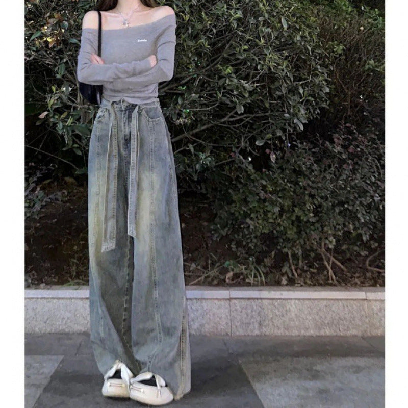 美式窄版阔腿牛仔裤女秋季新款高腰绑带设计感宽松显瘦拖地裤子潮