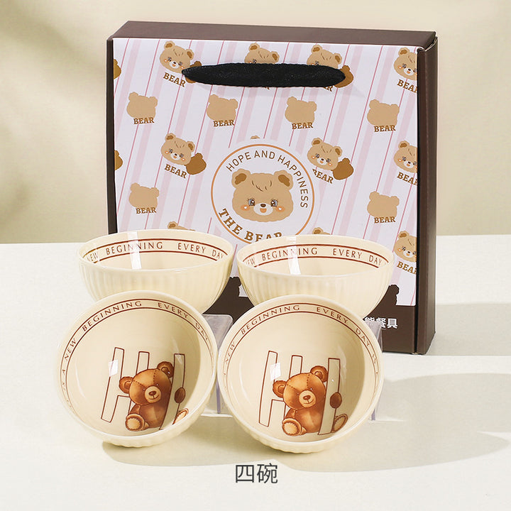 卡通奶油熊碗套装加印logo陶瓷餐具礼品创意手绘碗筷套装婚庆回礼