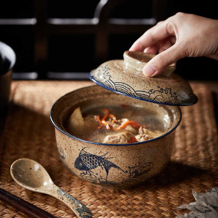 6.5英寸泡面碗带盖便当盒学生中式釉下彩陶瓷套装拉面碗食堂餐具