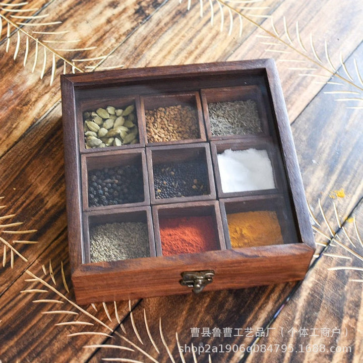实木分格香料盒家用厨房调料收纳盒复古翻盖式多格茶叶木盒子