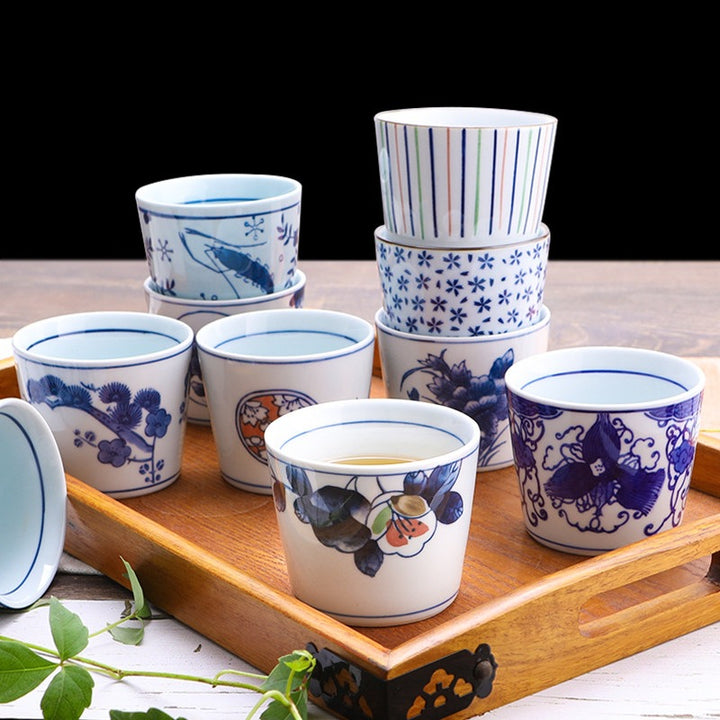 三分烧日式青花瓷水杯汤吞杯陶瓷复古功夫品茗杯单杯家用茶杯饮具