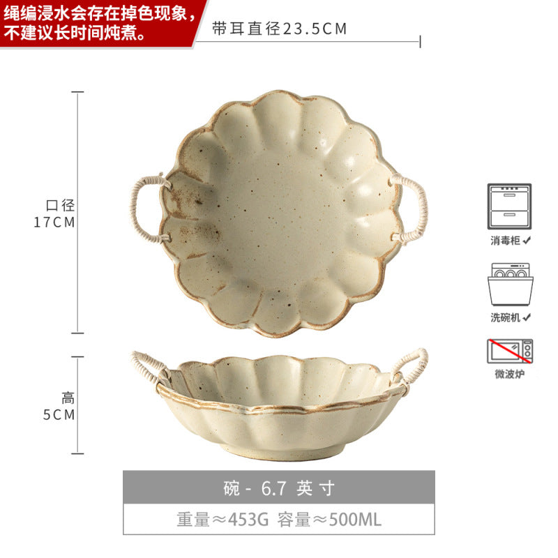麻绳双耳粗陶碗复古做旧草帽碗意面碗家用面碗日式汤菜碗餐具批发