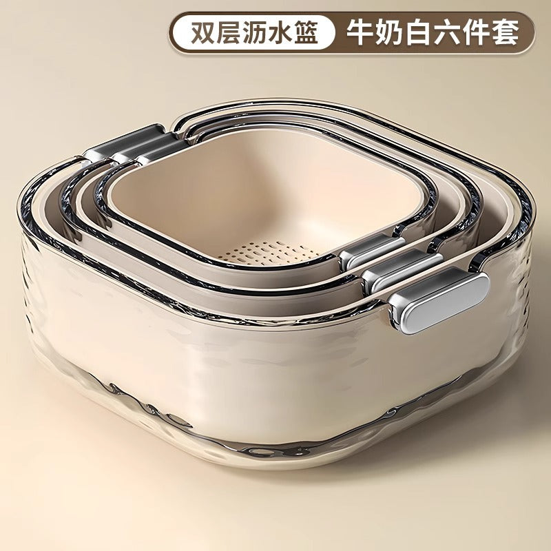 双层洗菜盆沥水篮六件套厨房客厅家用洗水果盘简约塑料淘菜菜篮子