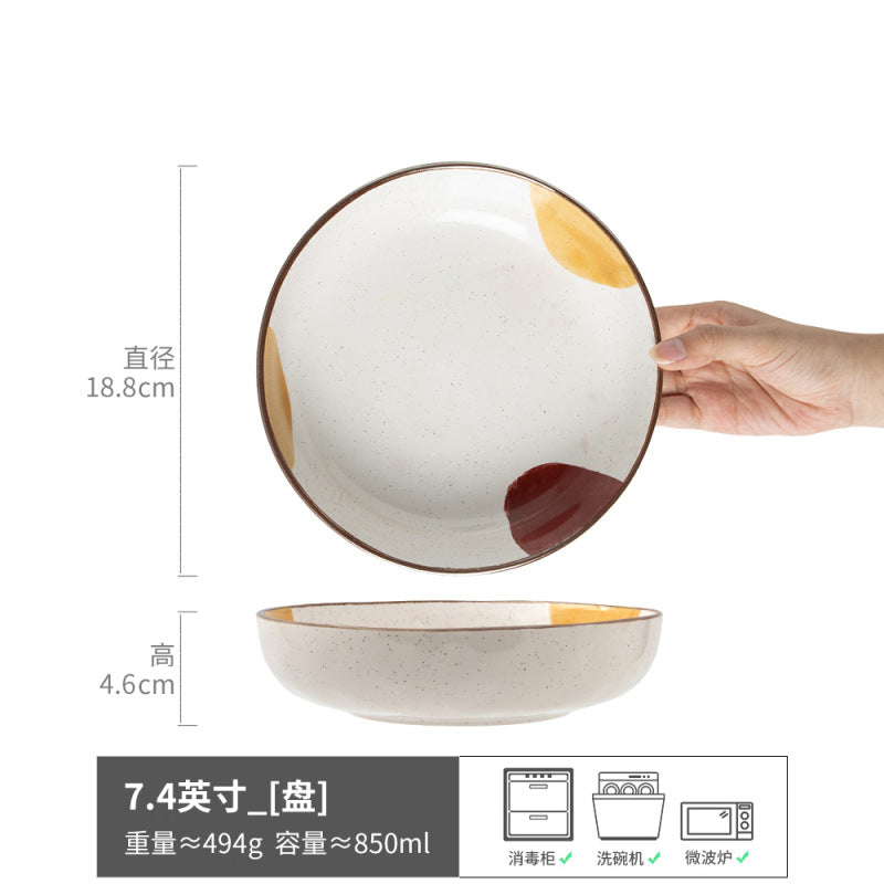 高颜值深盘圆形便宜碗复古陶瓷菜碗家用盘子餐具碗碟批发外贸尾单