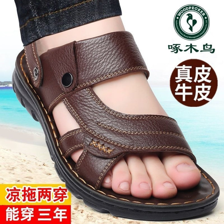 男士真皮夏季凉鞋软底防滑厚底休闲沙滩鞋两穿牛皮男款外穿凉拖