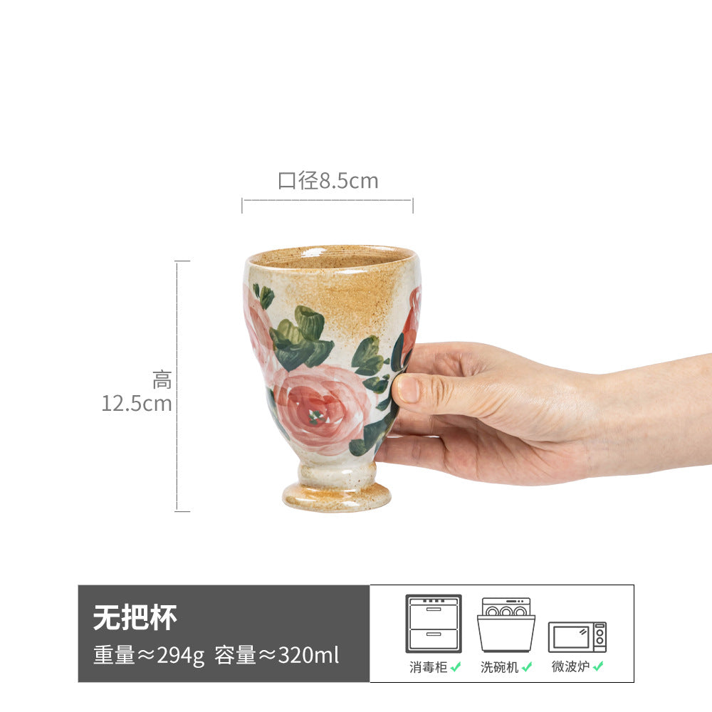 手绘粗陶无把杯复古杯子批发日式陶瓷高脚杯家用水杯餐厅茶杯酒杯