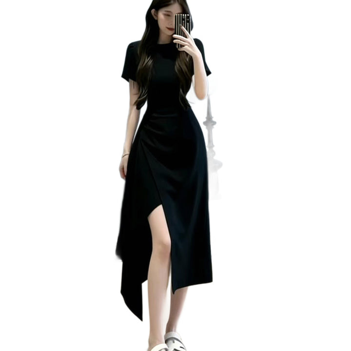 Slim Fit Solid Color Midi Dress – Irregular Slit Short Sleeve Commuter Dress