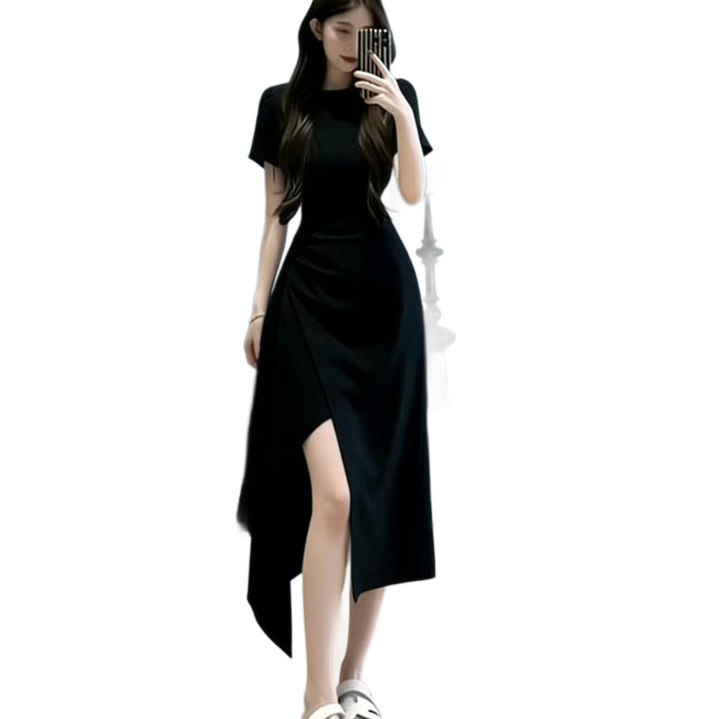 Slim Fit Solid Color Midi Dress – Irregular Slit Short Sleeve Commuter Dress