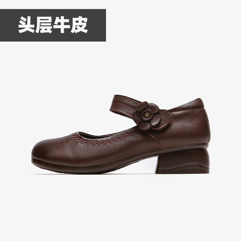 真皮妈妈鞋女坡跟魔术贴浅口单鞋防滑耐磨透气休闲小单鞋2026新款