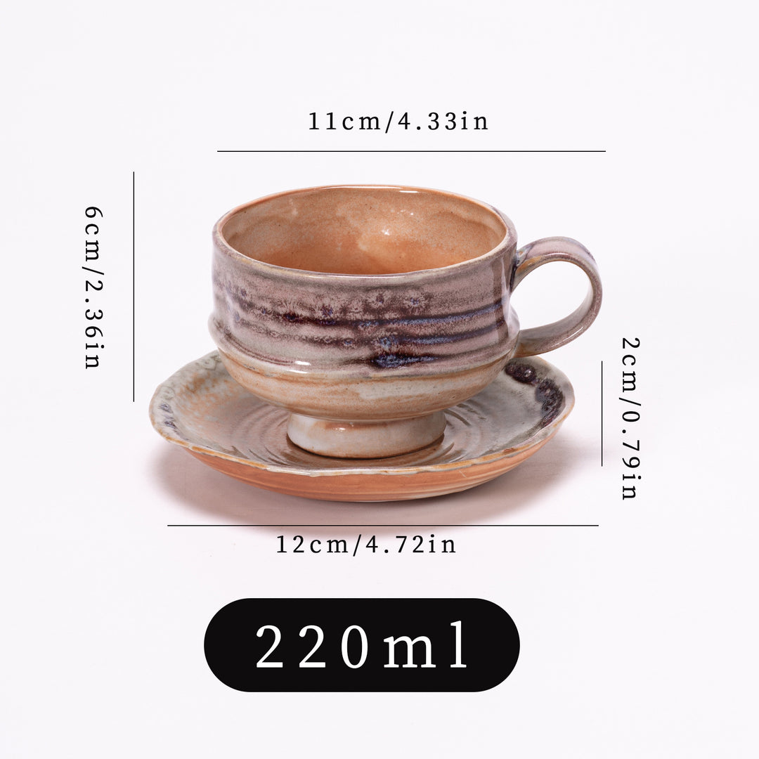 日式复古粗陶咖啡杯杯碟套装高级感餐厅跨境窑变陶瓷拿铁拉花杯子