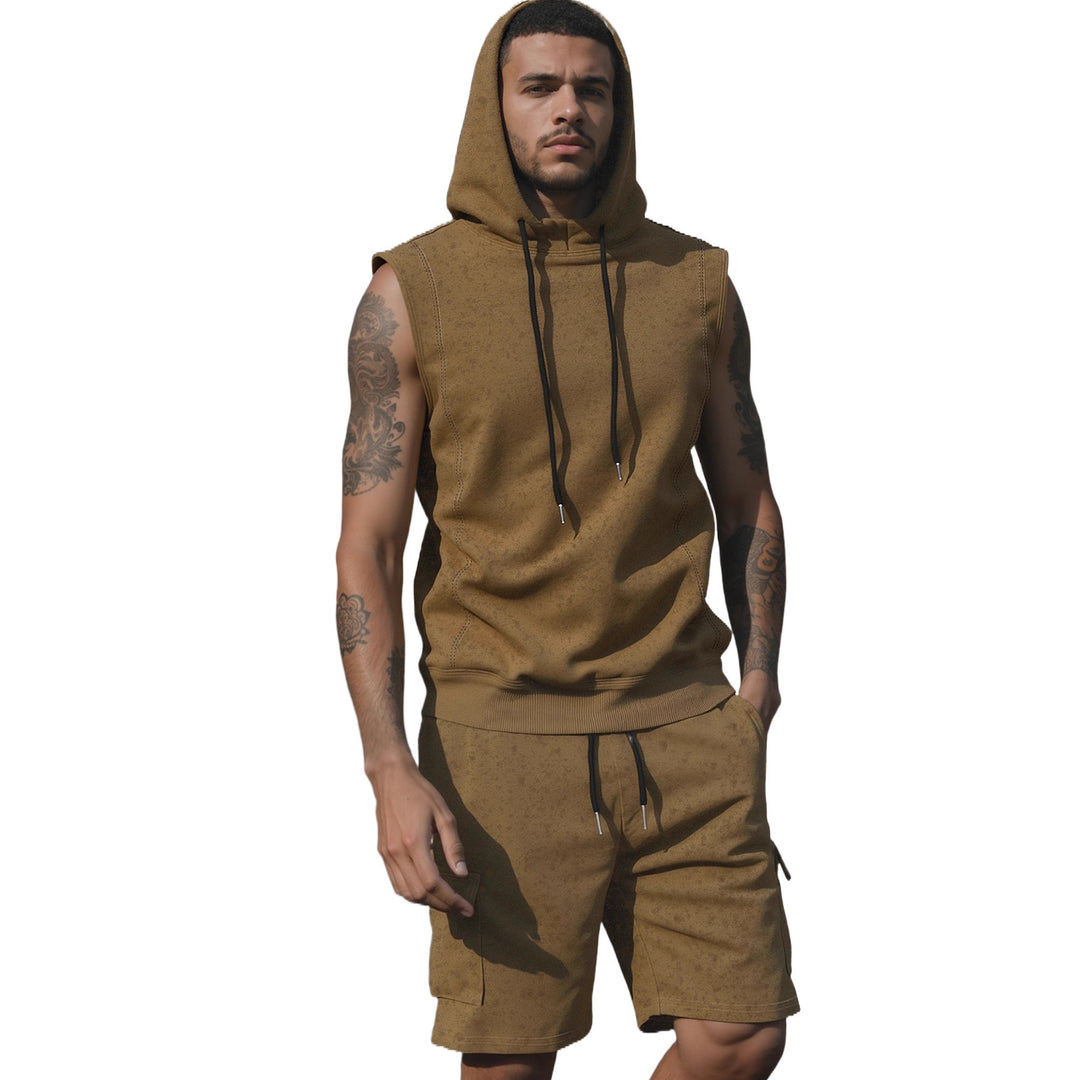 新款跨境欧美亚马逊男士连帽健身纯色背心短裤套装休闲运动卫衣