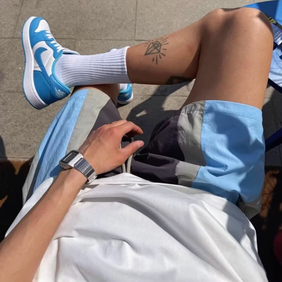 美式复古撞色拼接轻薄运动短裤男女休闲宽松五分裤百搭沙滩裤