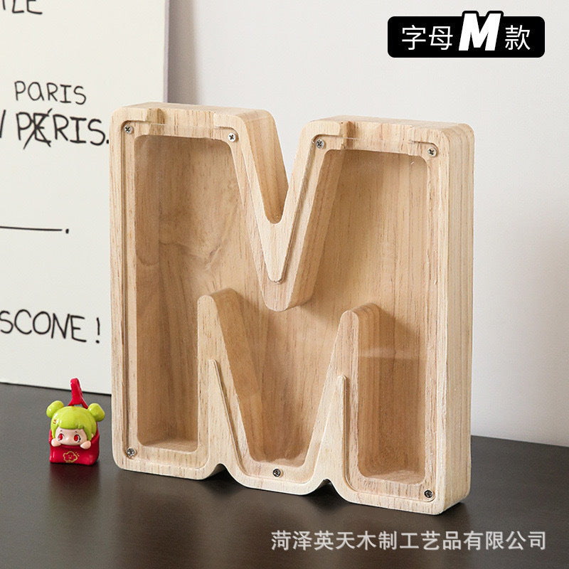 现货木质26个英文字母储蓄罐儿童小玩具收纳盒透明亚克力存钱罐子