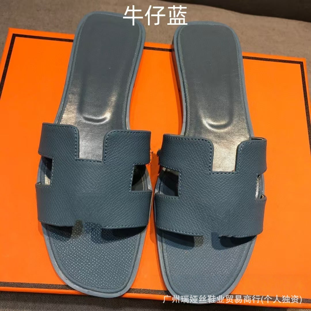 外贸批发经典H女鞋平底居家一字平跟沙滩休闲凉鞋外穿百搭泡沫
