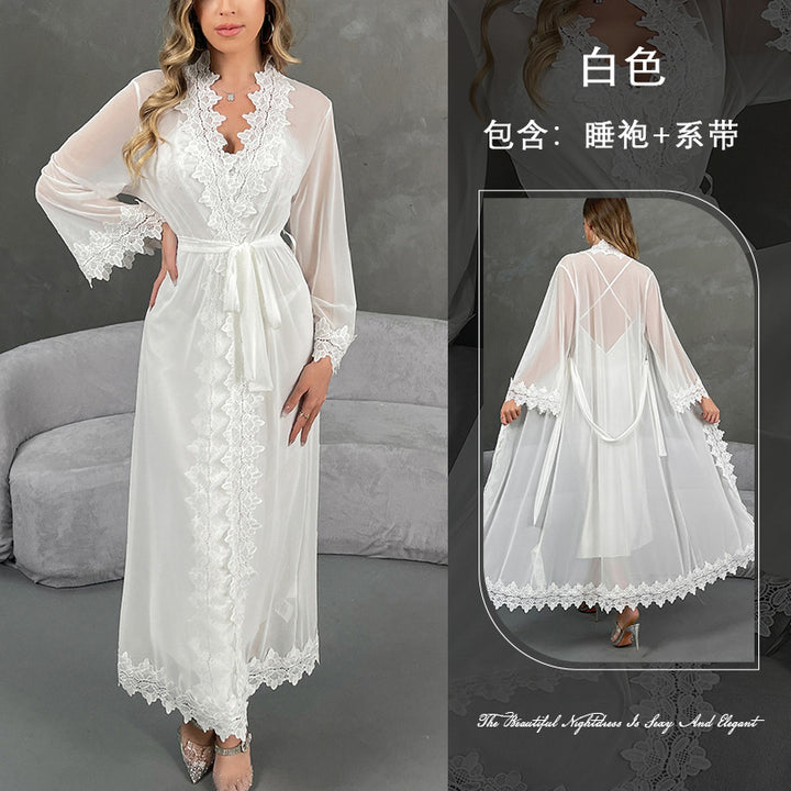 外贸款女士性感蕾丝睡袍套装网纱透视长款晨袍吊带裙家居服846