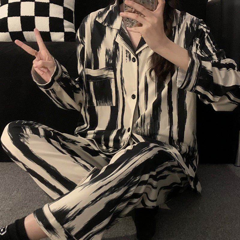 批发情侣睡衣春秋长袖长裤套装2023厂家新款水墨条纹家居服可外穿