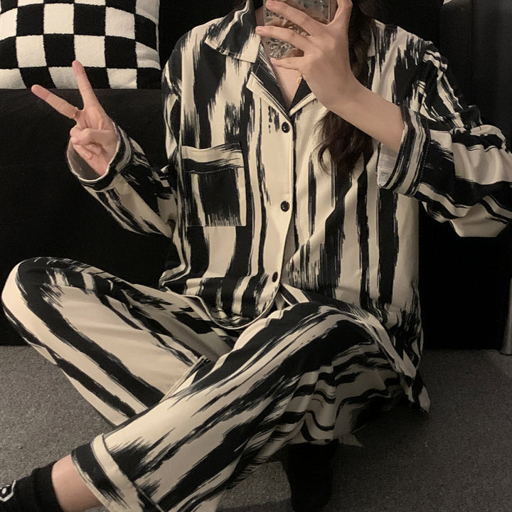 批发情侣睡衣春秋长袖长裤套装2023厂家新款水墨条纹家居服可外穿