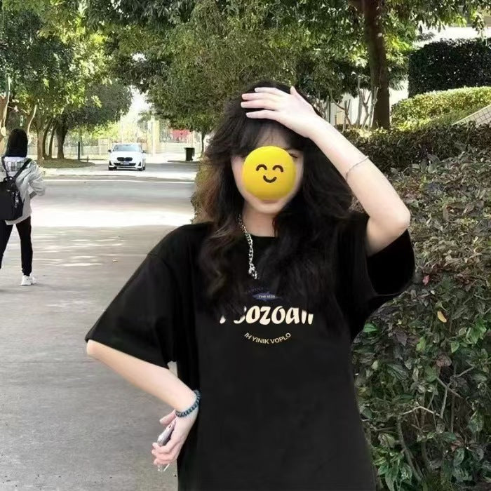 新款慵懒夏季街头T恤圆领字母原宿时尚五分袖百搭潮流女厂家直销