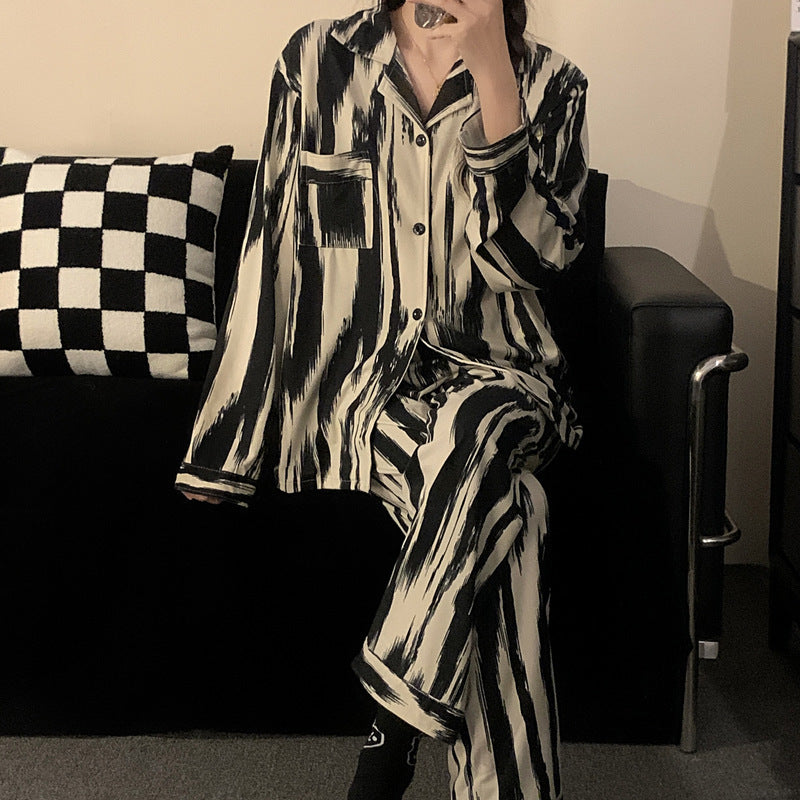 批发情侣睡衣春秋长袖长裤套装2023厂家新款水墨条纹家居服可外穿