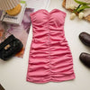 Sexy Strapless Ruched Bodycon Mini Dress – Slim Waist Sleeveless Hot Girl Summer Dress
