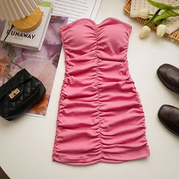 Sexy Strapless Ruched Bodycon Mini Dress – Slim Waist Sleeveless Hot Girl Summer Dress