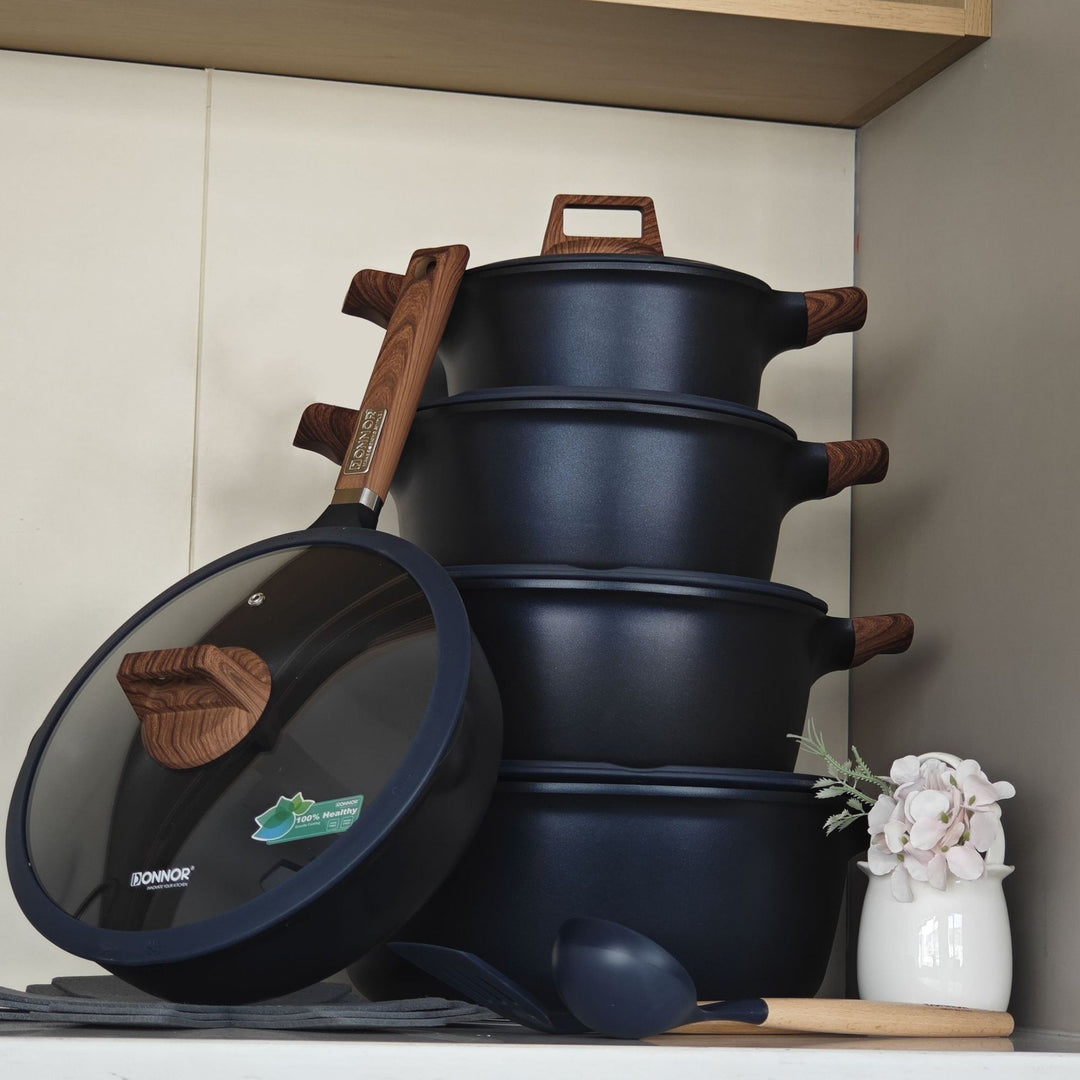 Cookware Set 15件套外贸套锅压铸覆底蓝钻内外不粘耐磨汤锅套装