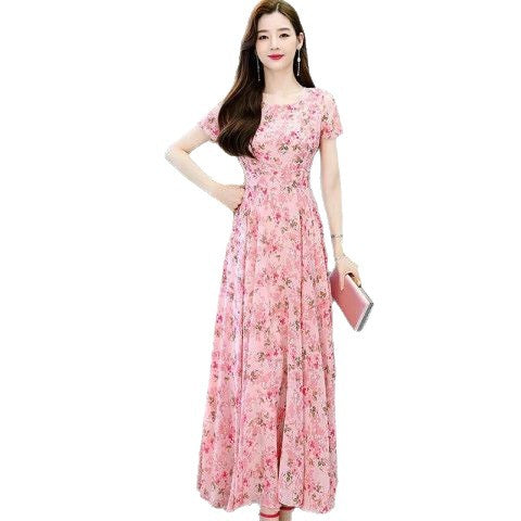 时尚圆领百搭短袖连衣裙女2025年夏季新款气质收腰显瘦沙滩长裙子
