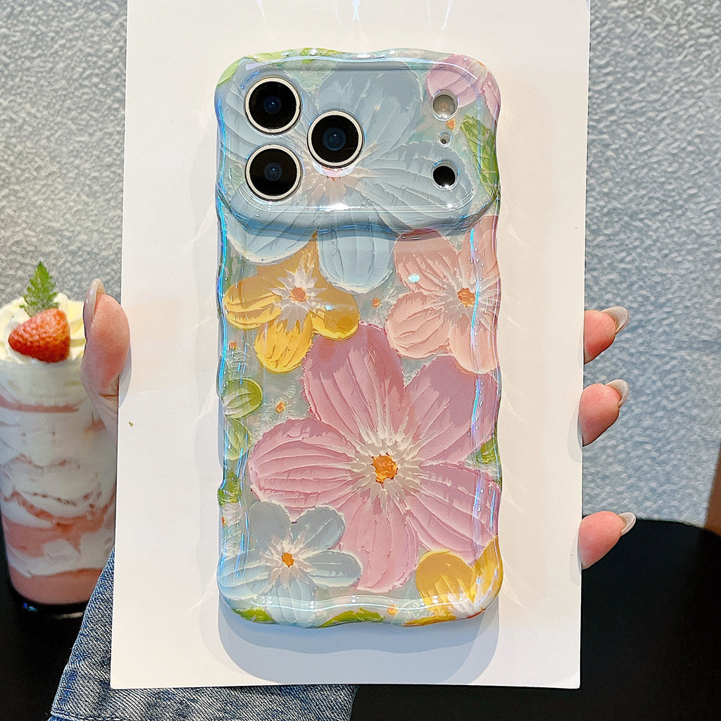 适用iphone17pro手机壳ins蓝光波浪油画花朵个性苹果16防摔保护套