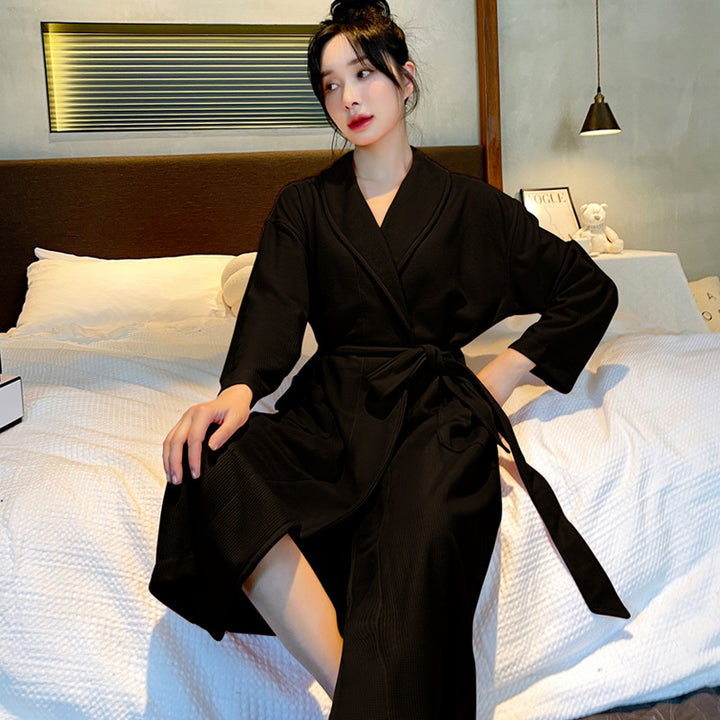 华夫格情侣浴袍女春秋夏季宽松中长款大衣男士睡袍简约大码家居服