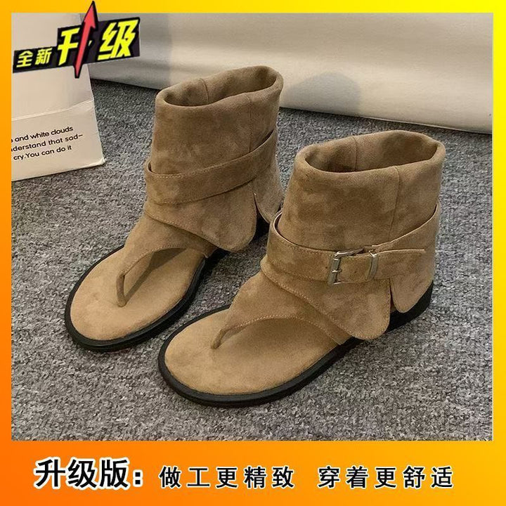 低跟人字夹趾凉鞋女网红裤管夏季短靴软底百搭显瘦凉靴子2025新款