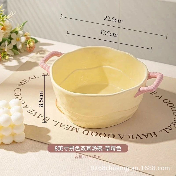 Double Handle Ceramic Bowl – Noodle Soup & Salad Bowl for Home & Dorm