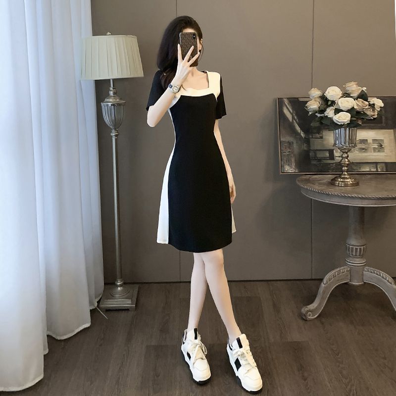 French Color-Block Slim Waist Spliced Summer Dress – Elegant Black & White Midi Dress