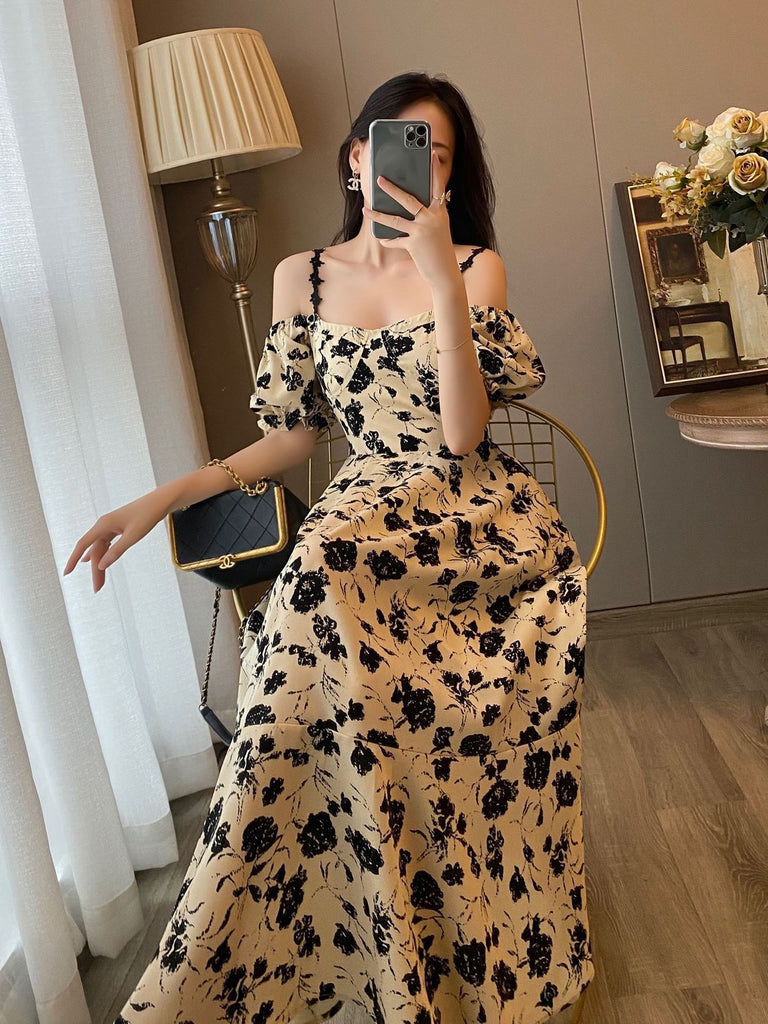Sexy Floral Off-Shoulder Slip Dress – French Vintage Slim Fit Maxi Dress