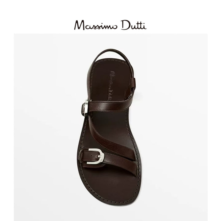 Massimo Dutti2026春夏新品女鞋真皮棕色金属扣饰交叉带平底凉鞋
